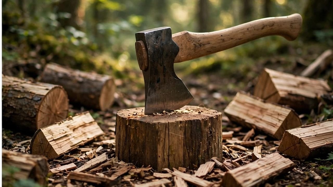 A splitting axe resting in a chopping block among freshly split logs in forest light