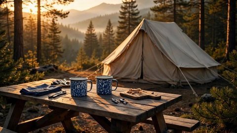 A mountain campsite at dawn with a canvas tent, wooden picnic table and enamel mugs among pine trees