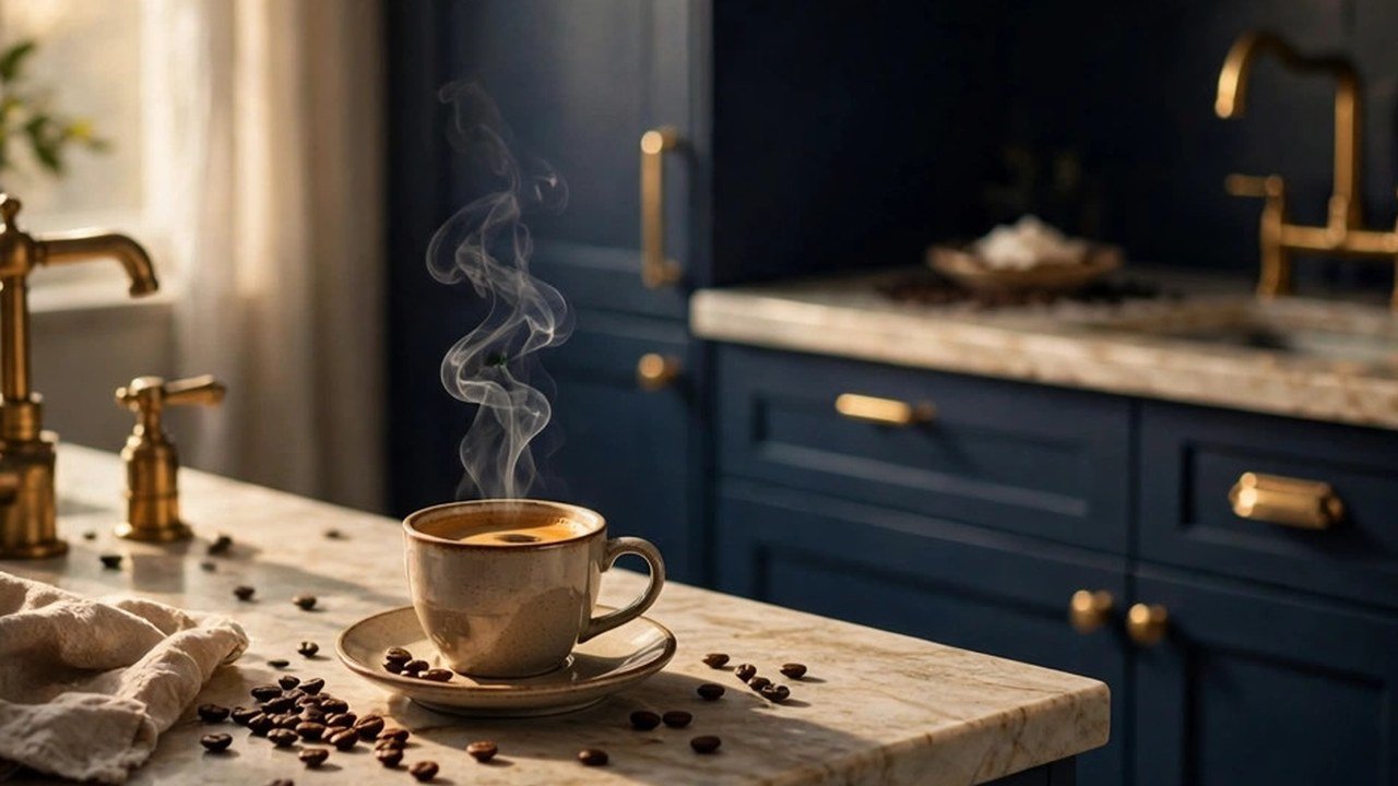 A steaming cup of espresso on a marble counter in a navy and brass kitchen