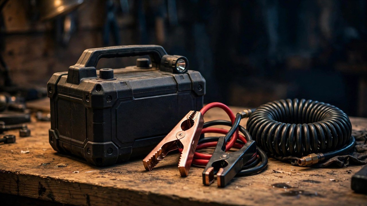 A rugged jump starter pack with red and black jumper cables and a coiled air hose on a wooden garage workbench