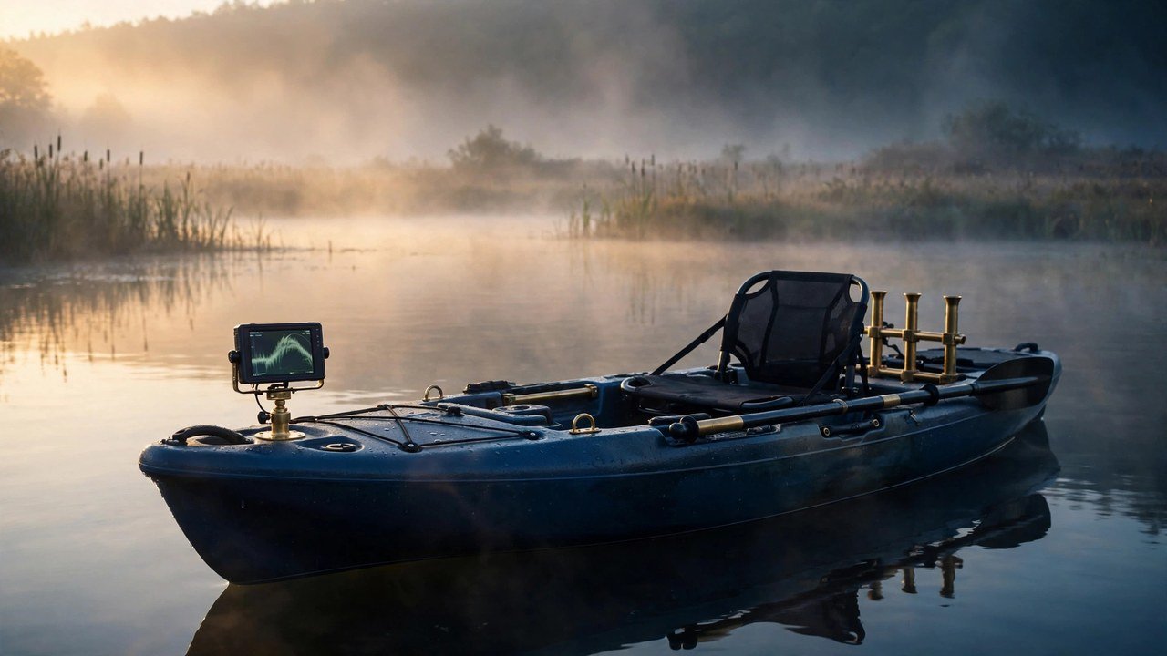 A fishing kayak with rod holders and a mounted fish-finder screen floating on misty calm water at dawn