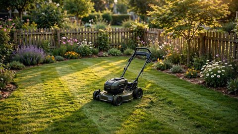 A compact lawn mower on a freshly striped small garden lawn with a wooden fence and flower beds in warm afternoon light