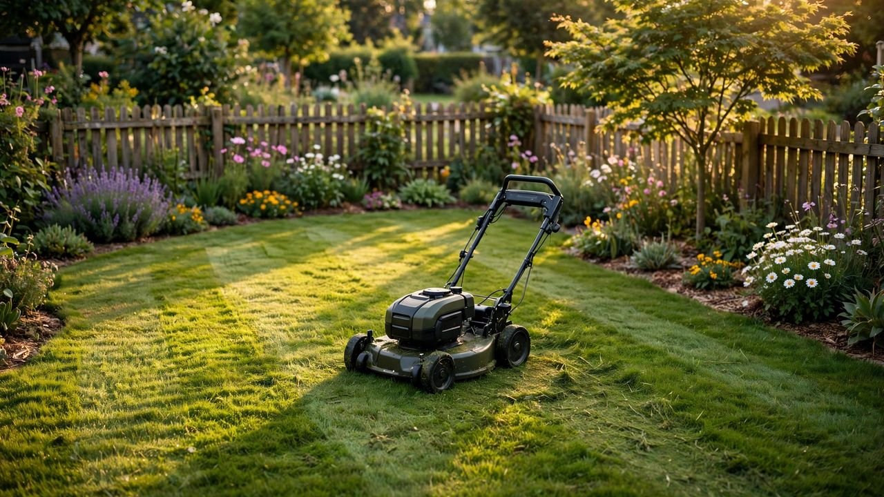 A compact lawn mower on a freshly striped small garden lawn with a wooden fence and flower beds in warm afternoon light