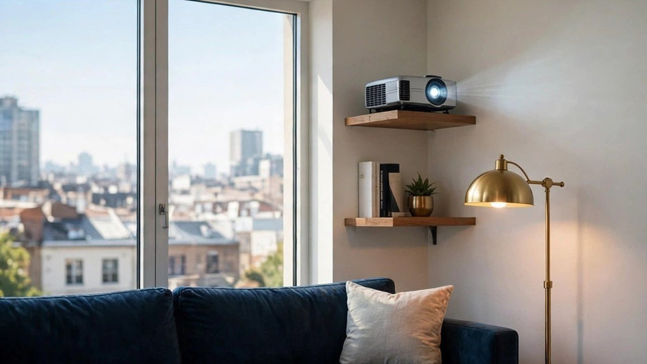 A bright apartment living room with a projector on a shelf and a city view through large windows