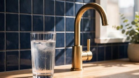 A glass of clear water beside a brass faucet against deep navy kitchen tiles