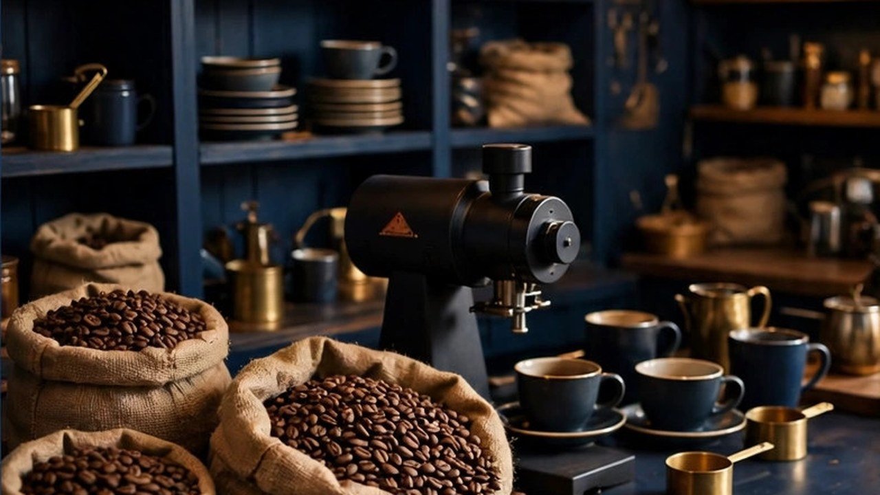 An artisan coffee bar with burlap sacks of coffee beans, a grinder and ceramic cups on navy shelving