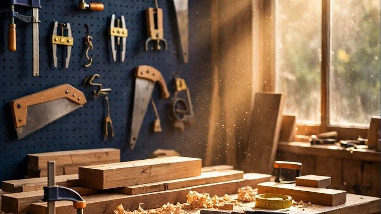 A sunlit woodworking workshop with a workbench, lumber and hand tools on a navy pegboard
