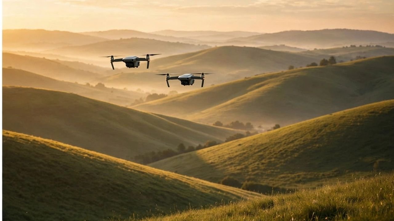 Two camera drones flying over green rolling hills at sunrise