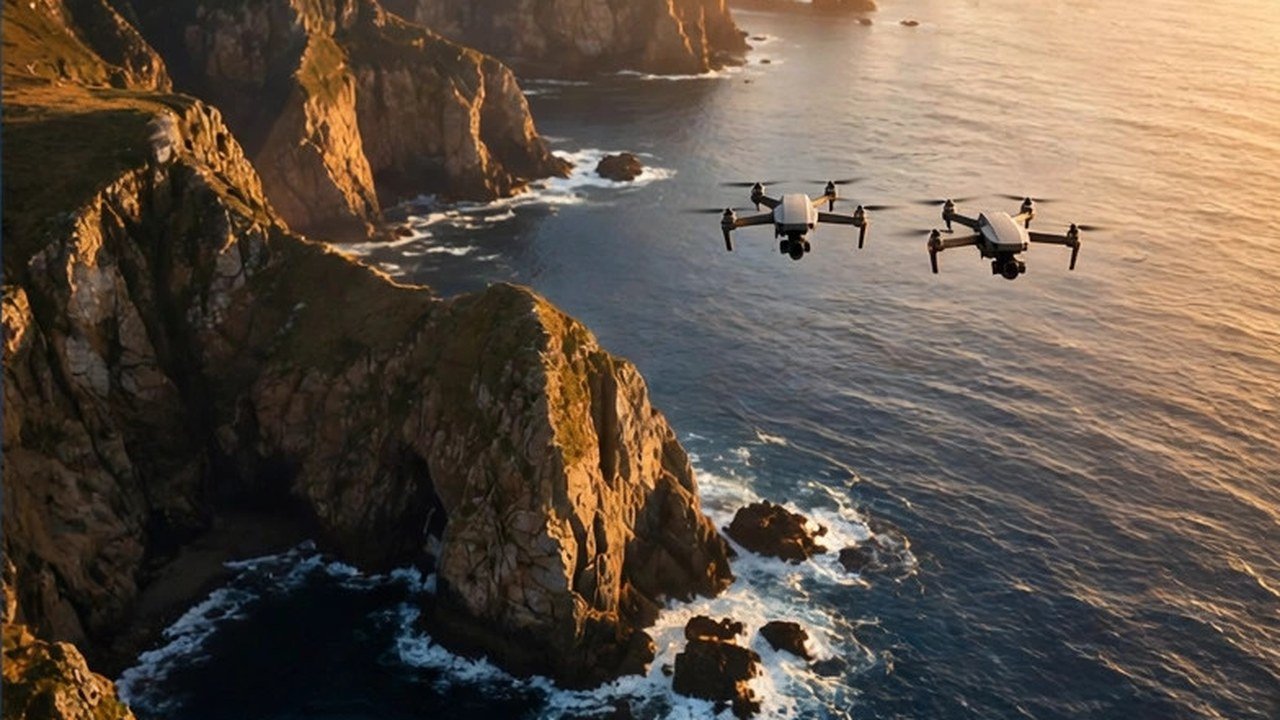Two small camera drones flying over coastal cliffs and the sea at golden hour