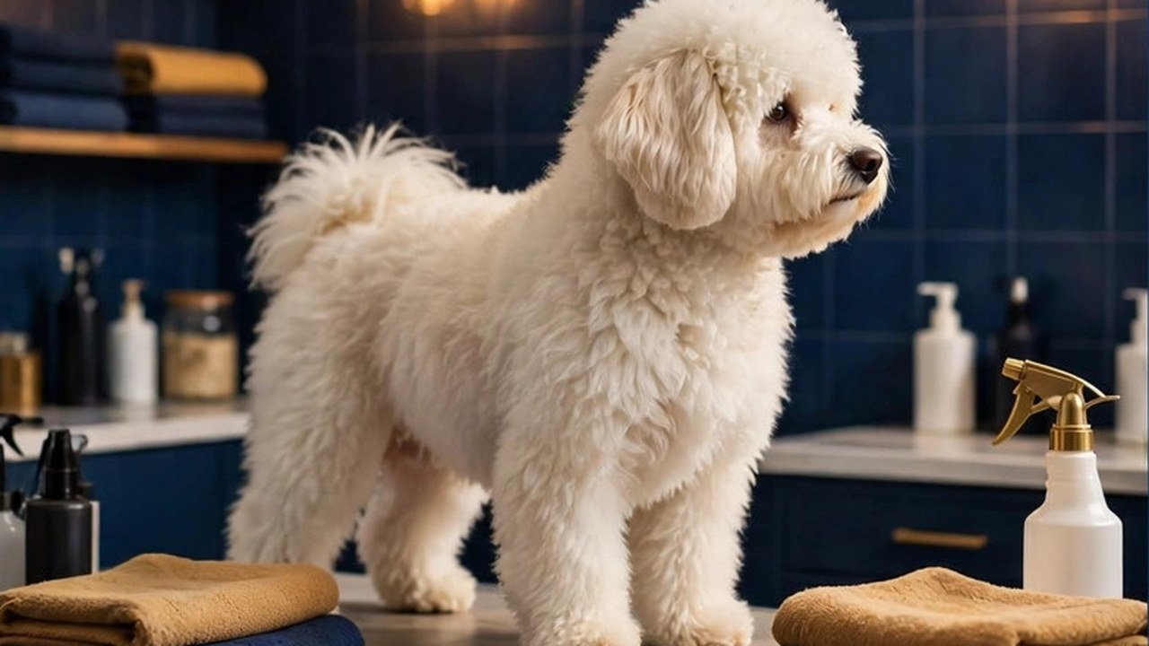 A fluffy white dog standing on a grooming table with towels and brushes in a navy-tiled studio