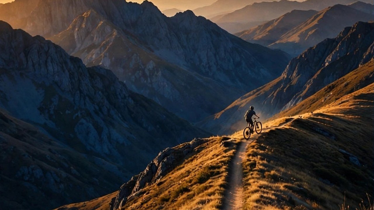A mountain biker riding a ridge trail at golden hour among dramatic peaks