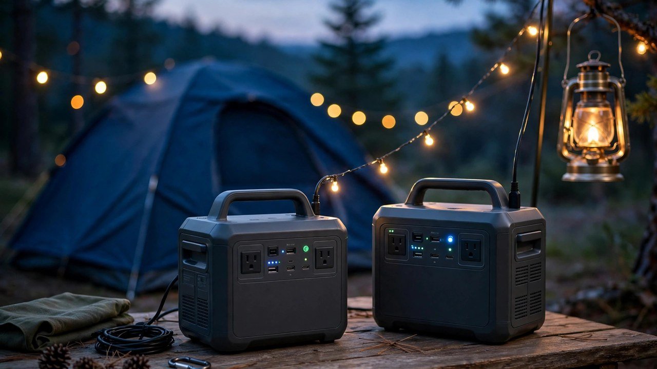 Two portable power stations on a camping table powering warm string lights beside a tent at dusk
