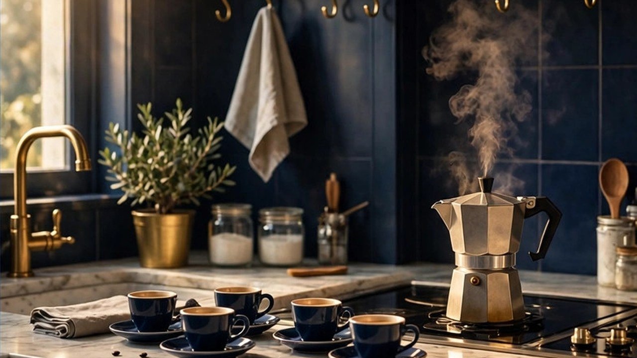 An Italian-style kitchen with a stovetop coffee pot and espresso cups on a marble counter