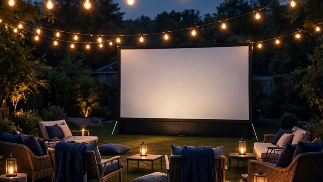 A backyard cinema at twilight with a glowing projection screen, string lights and lawn seating