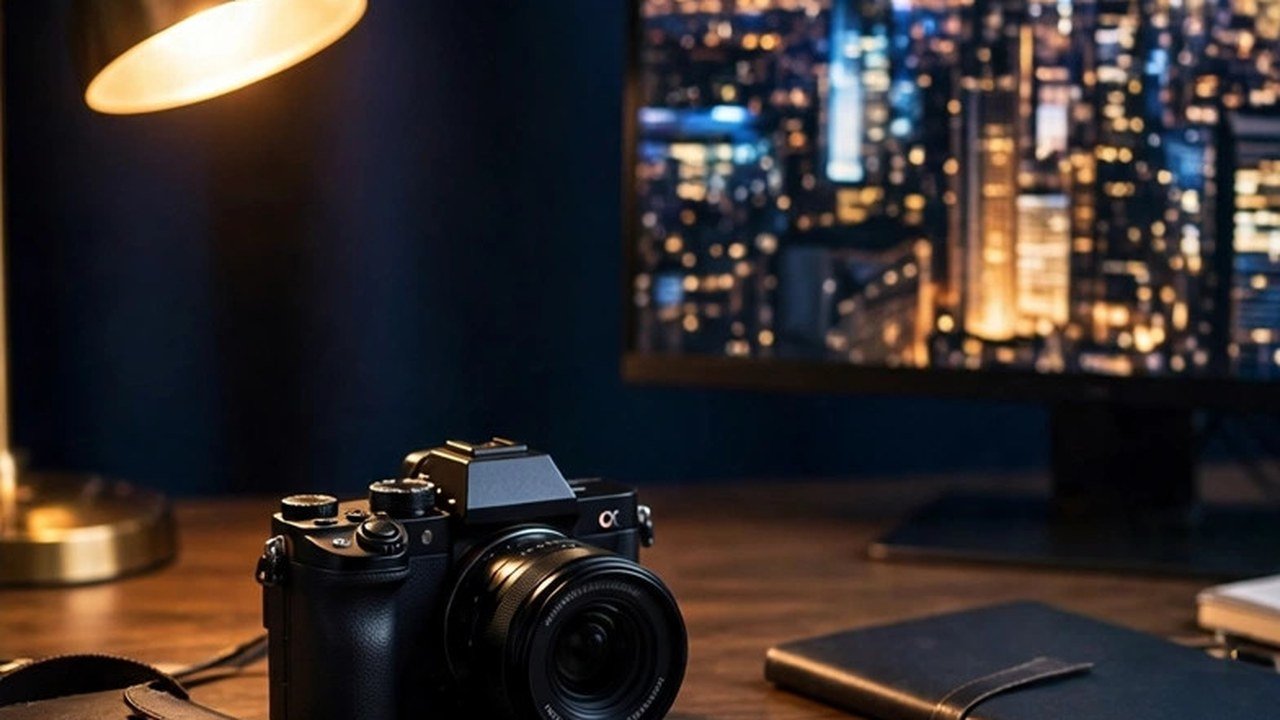 A photographer's desk with a smartphone, camera and notebook under a brass lamp, a cityscape on the monitor