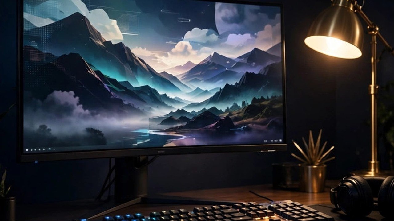 A PC gaming desk at night with an ultrawide monitor, backlit keyboard and brass desk lamp