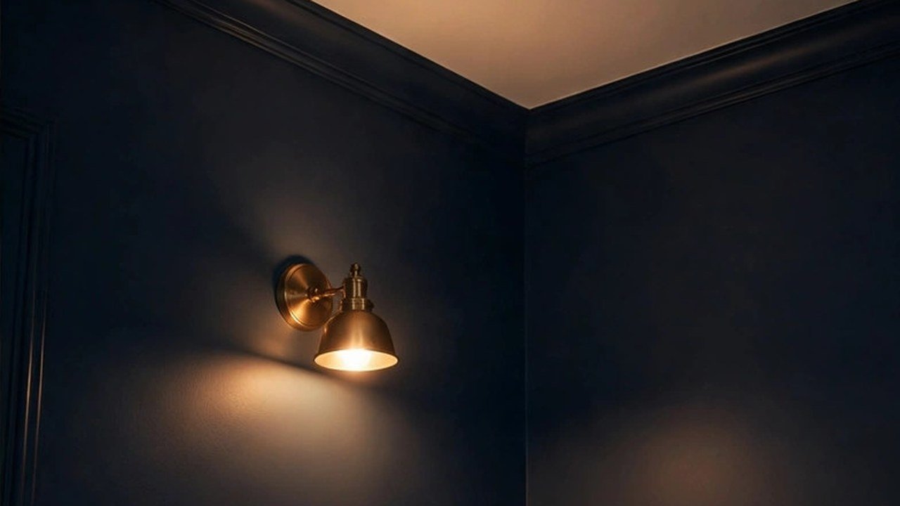 A ceiling corner in a navy hallway with a small round smoke detector and a warm brass wall light