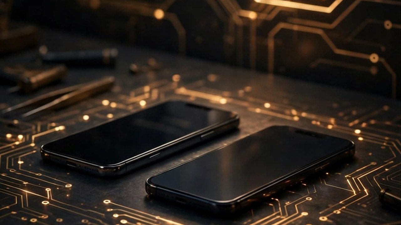 Two smartphones resting on a dark surface etched with glowing golden circuit patterns