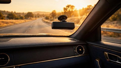 A radar detector mounted on a car windshield above a dark leather dashboard, a golden-hour highway stretching ahead