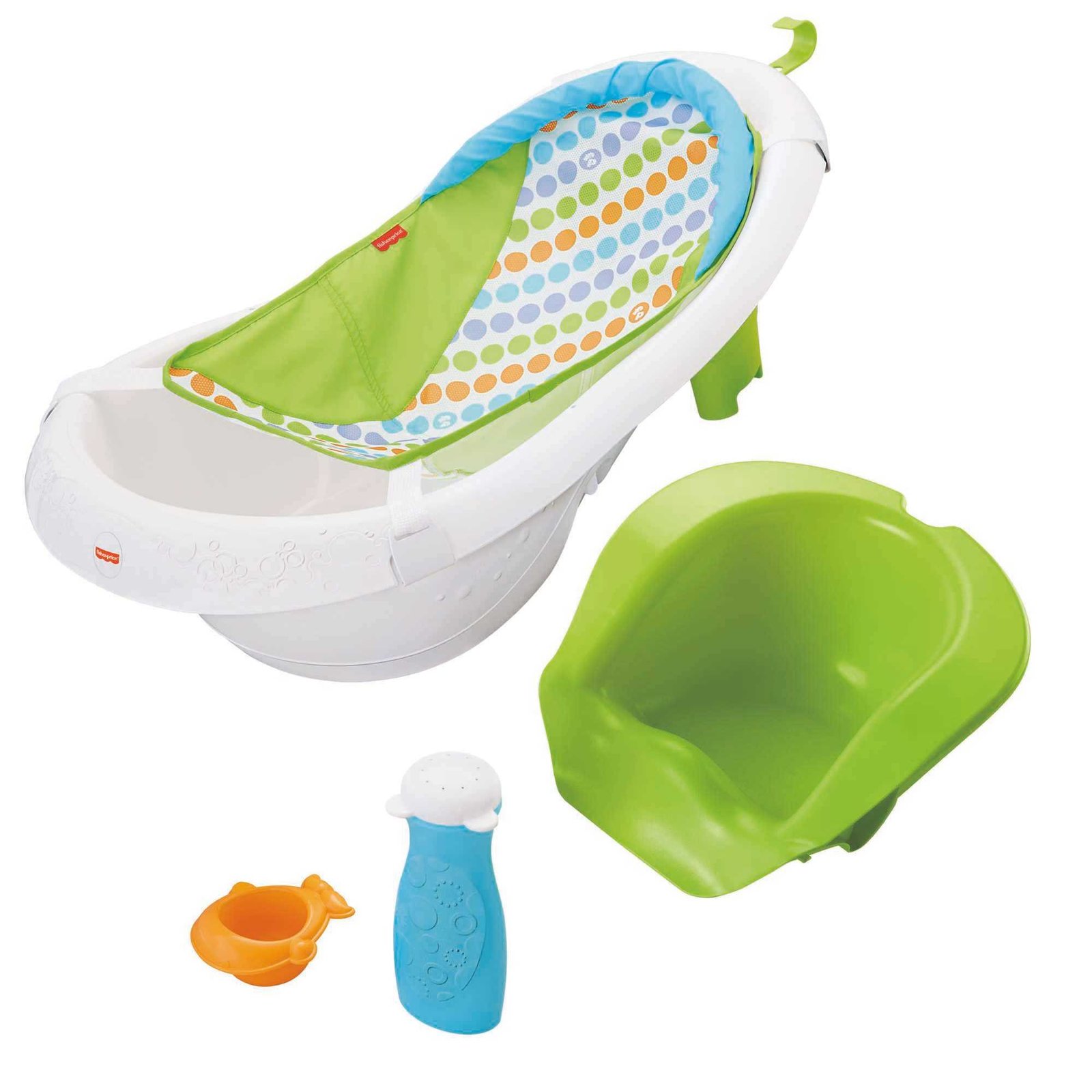 Fisher-Price Baby to Toddler Bath 4-in-1 Sling 'n Seat Tub with Removable Infant Support and 2 Toys, Green