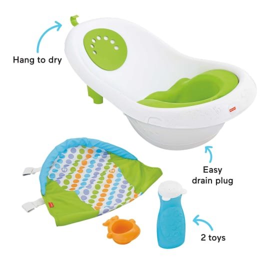 Fisher-Price 4-in-1 Sling 'n Seat Tub, Green, feature view with Sit-Me-Up insert fitted in the tub and sling laid out