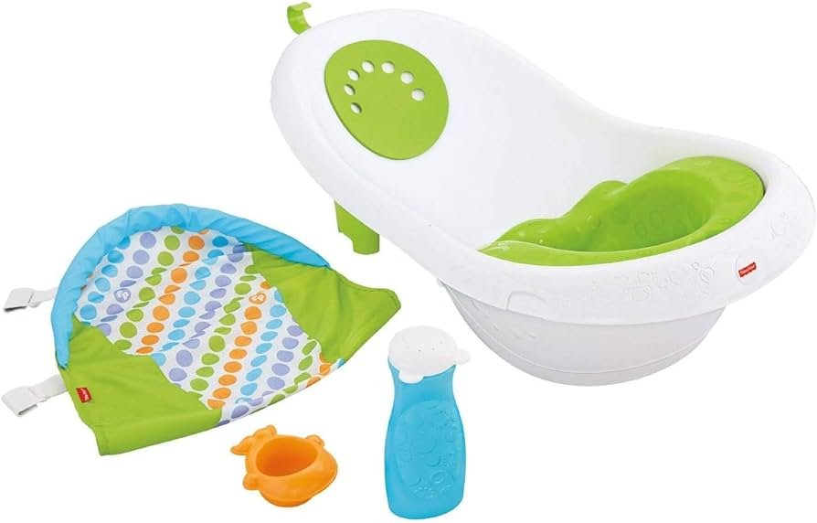 Fisher-Price 4-in-1 Sling 'n Seat Tub, Green, alternate angle with Sit-Me-Up insert fitted, sling, whale scoop and rinse bottle