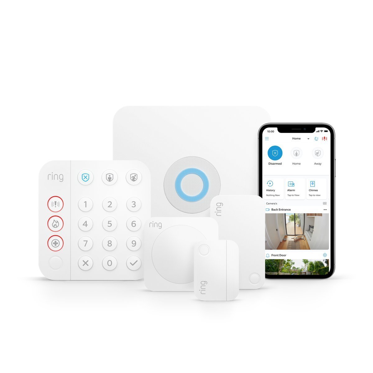 Ring Alarm 5-Piece Kit components grouped with a phone showing the Ring app