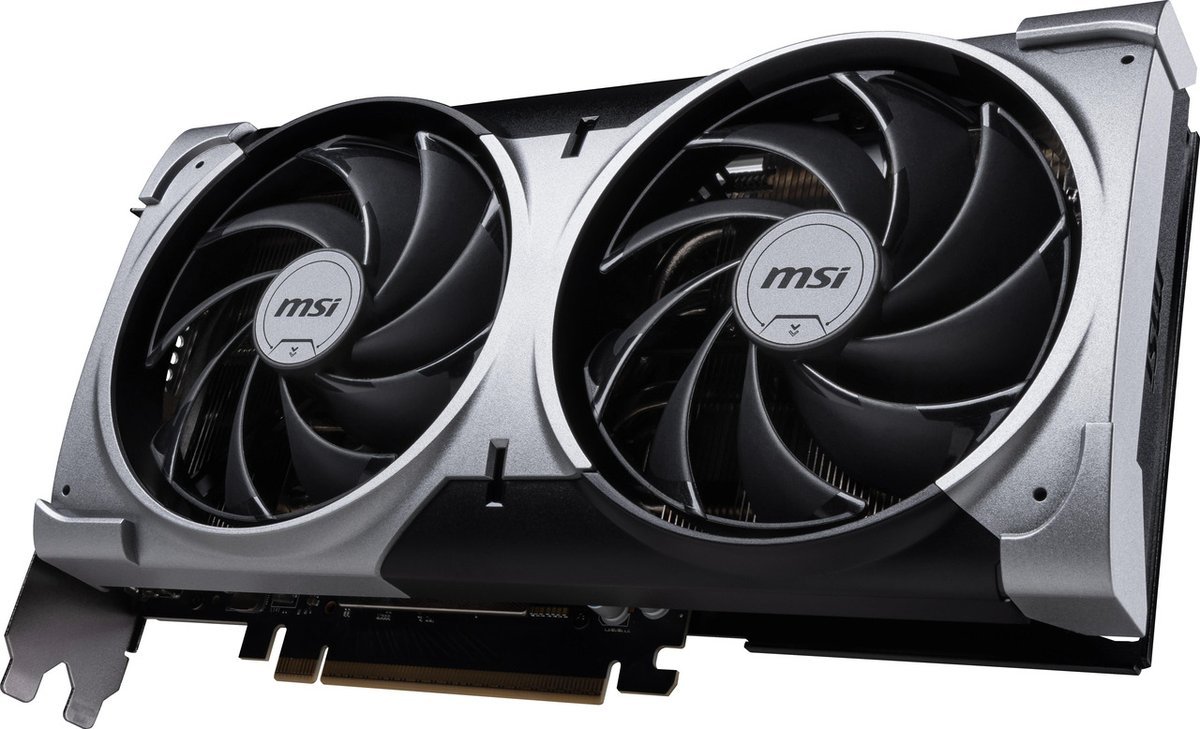 MSI GeForce RTX 5070 12G VENTUS 2X OC graphics card at an angle, showing the dual TORX fans and shroud
