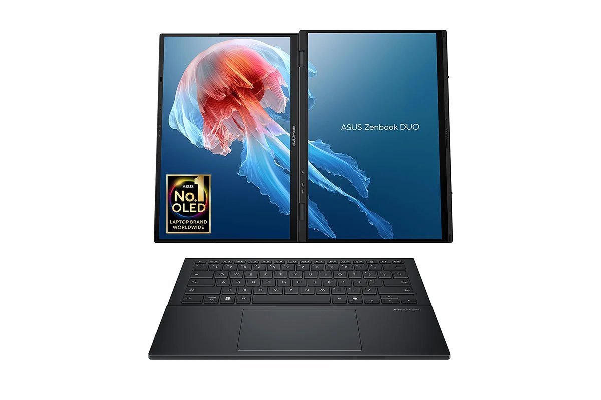 ASUS Zenbook Duo UX8406CA with both 14-inch OLED screens open side by side and the detachable keyboard in front
