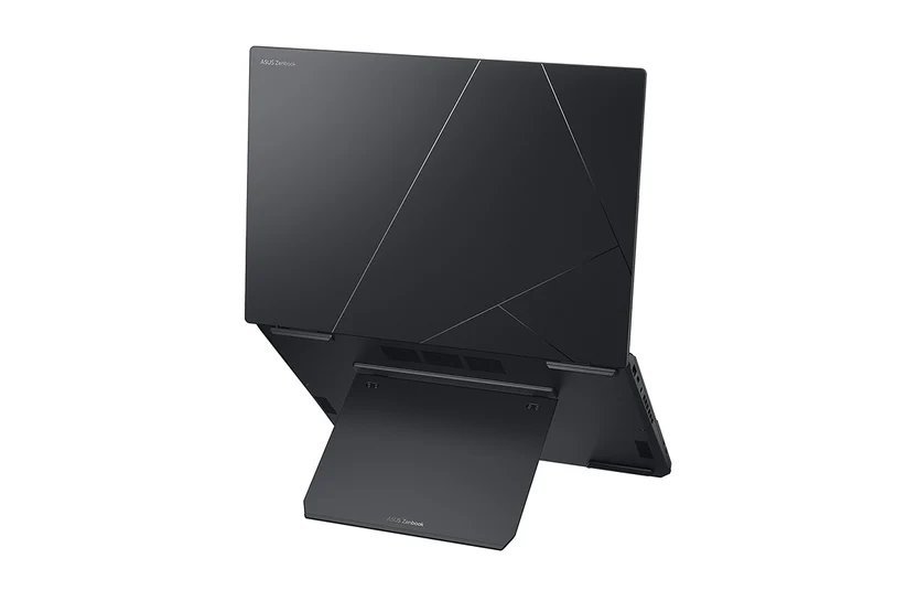 ASUS Zenbook Duo UX8406CA from behind, showing the Inkwell Gray lid and the built-in kickstand