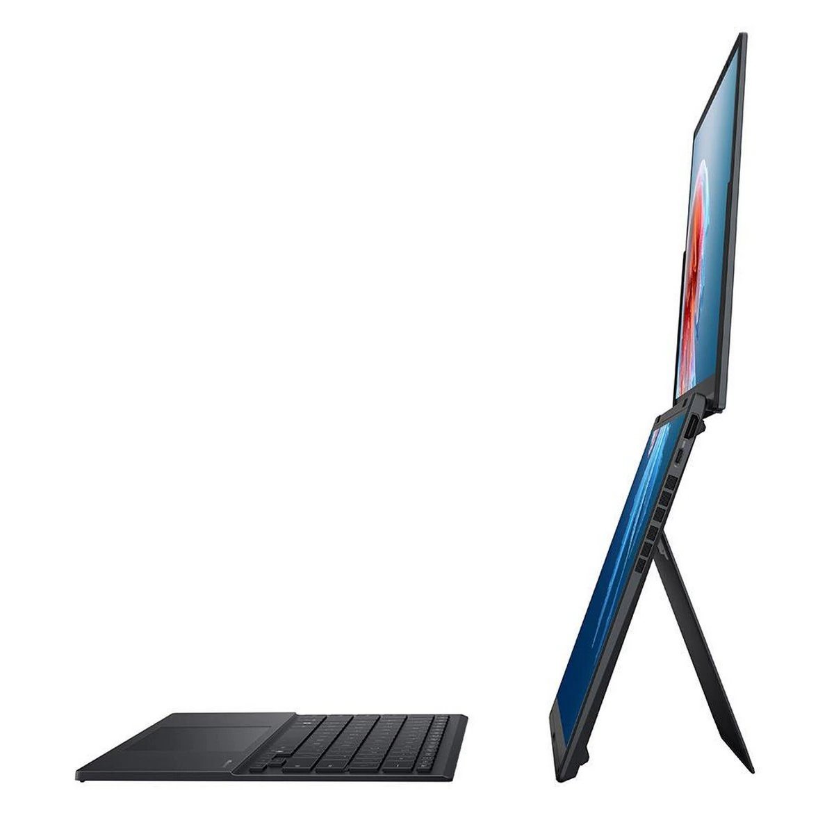 ASUS Zenbook Duo UX8406CA side profile in desktop mode on its kickstand, detachable keyboard alongside