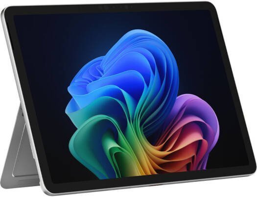 Microsoft Surface Pro 12 in Platinum standing on its kickstand, front three-quarter view