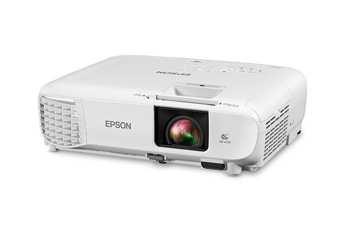 Epson Home Cinema 880, three-quarter top view showing the top control panel and lens, product photo 2 of 3