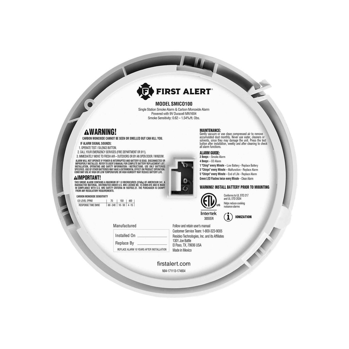 First Alert SMICO100, rear view showing the printed label with the model number and manufacture and replacement date fields, product photo 3 of 3
