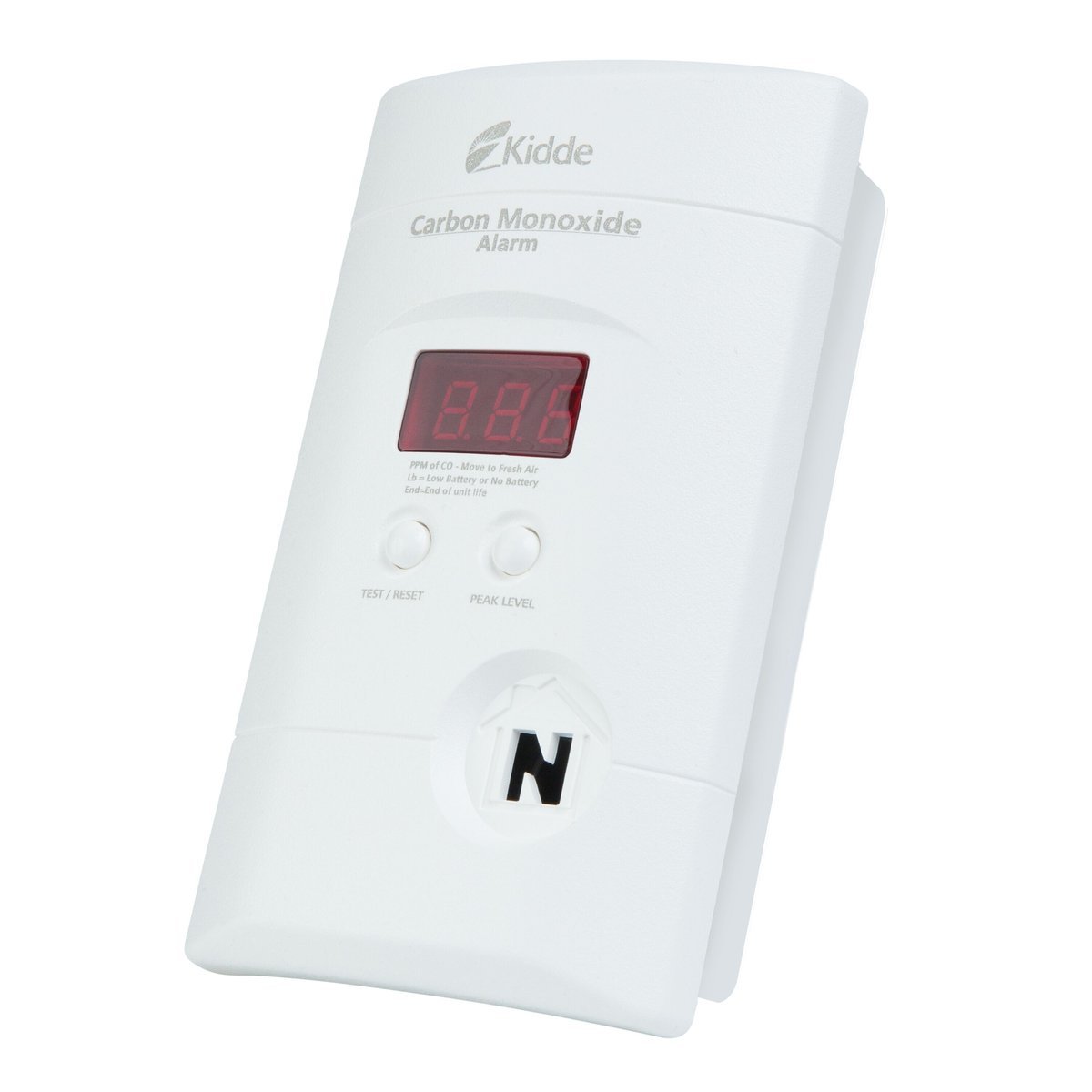 Kidde Nighthawk KN-COPP-3, three-quarter view showing the plug-in body and curved display housing, product photo 2 of 3
