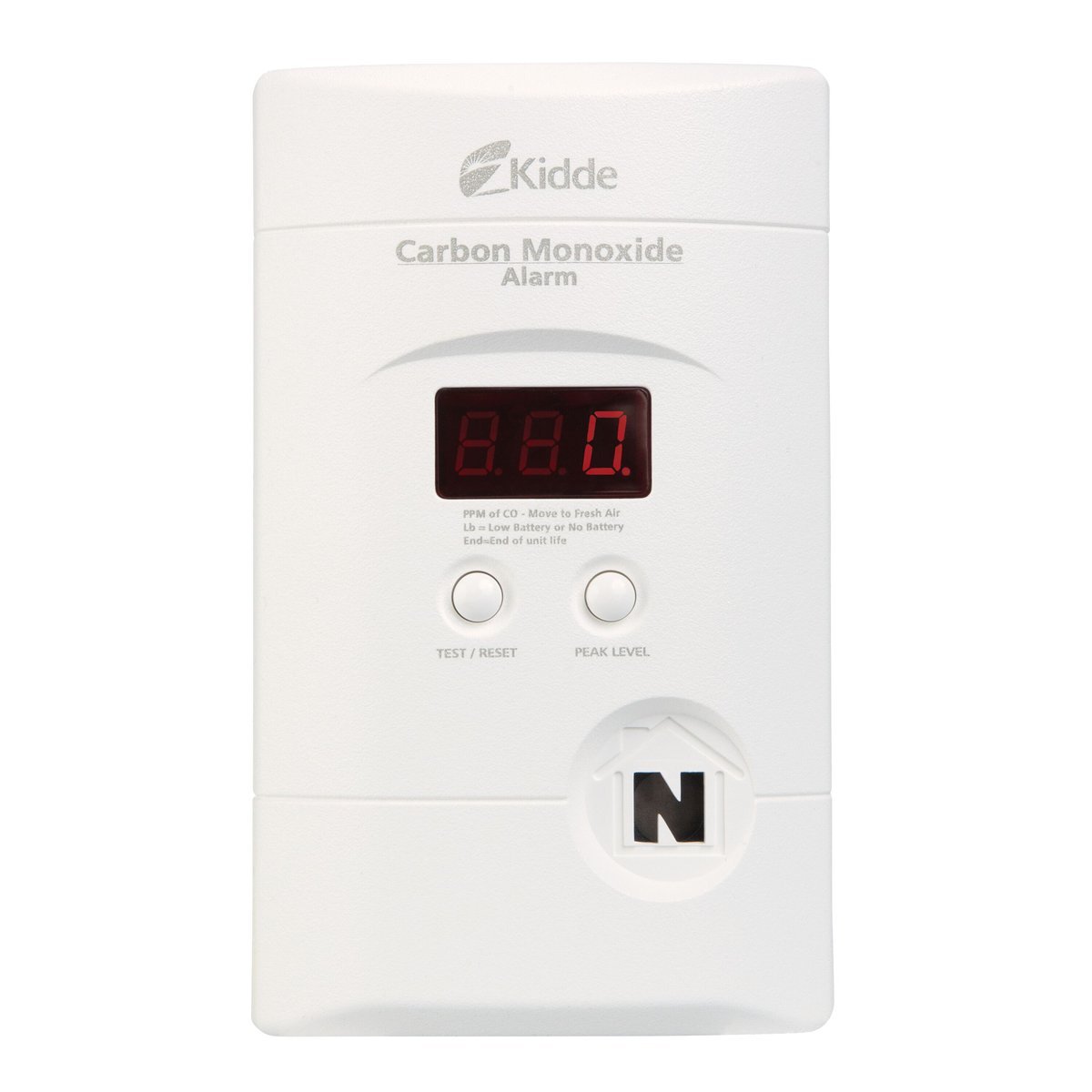 Kidde Nighthawk KN-COPP-3, front view showing the digital CO display, test and reset and peak level buttons and Nighthawk badge, product photo 1 of 3