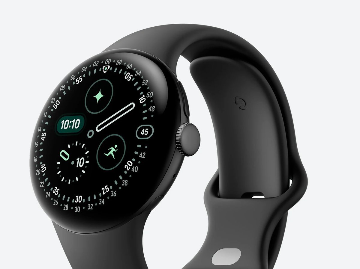 Google Pixel Watch 4 41mm, angled view with Matte Black case and Obsidian band showing the crown and band loop, product photo 2 of 3