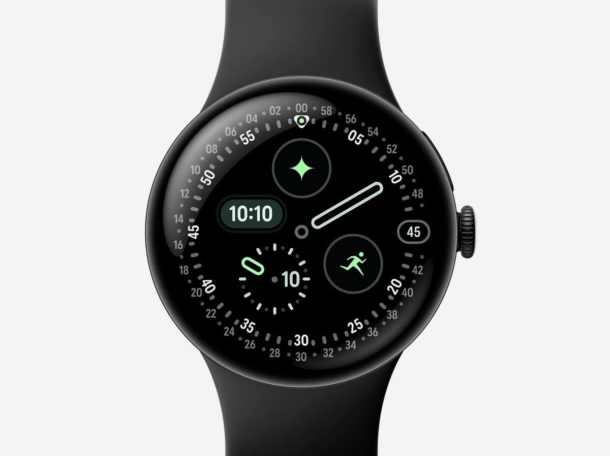 Google Pixel Watch 4 41mm, front view with Matte Black case and Obsidian band showing the domed Actua 360 display, product photo 1 of 3
