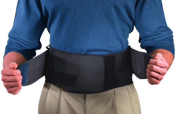 Mueller lumbar back brace with removable pad, black, front application view with straps open