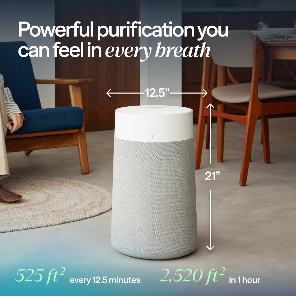 Blueair Blue Pure 311i+ Max shown with its 12.5 inch width and 21 inch height dimensions