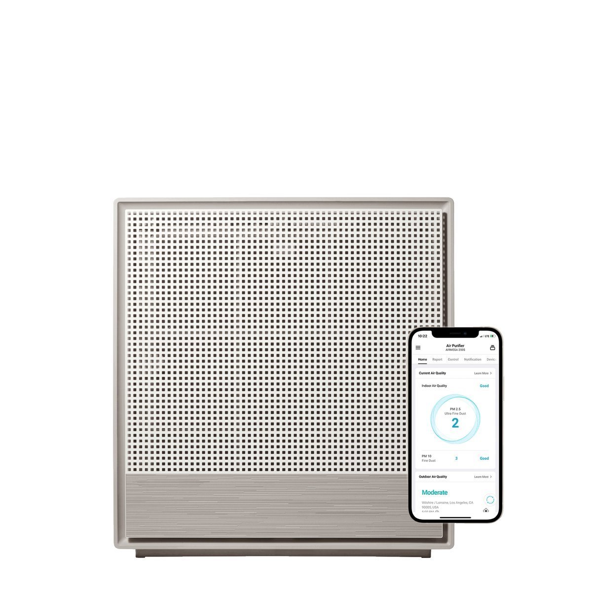Coway Airmega 250S air purifier front view with the Coway app on a phone