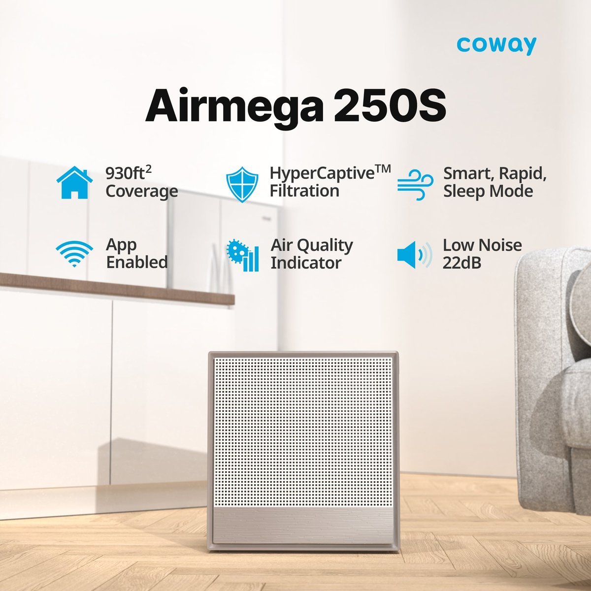 Coway Airmega 250S in a living room showing its coverage and app features