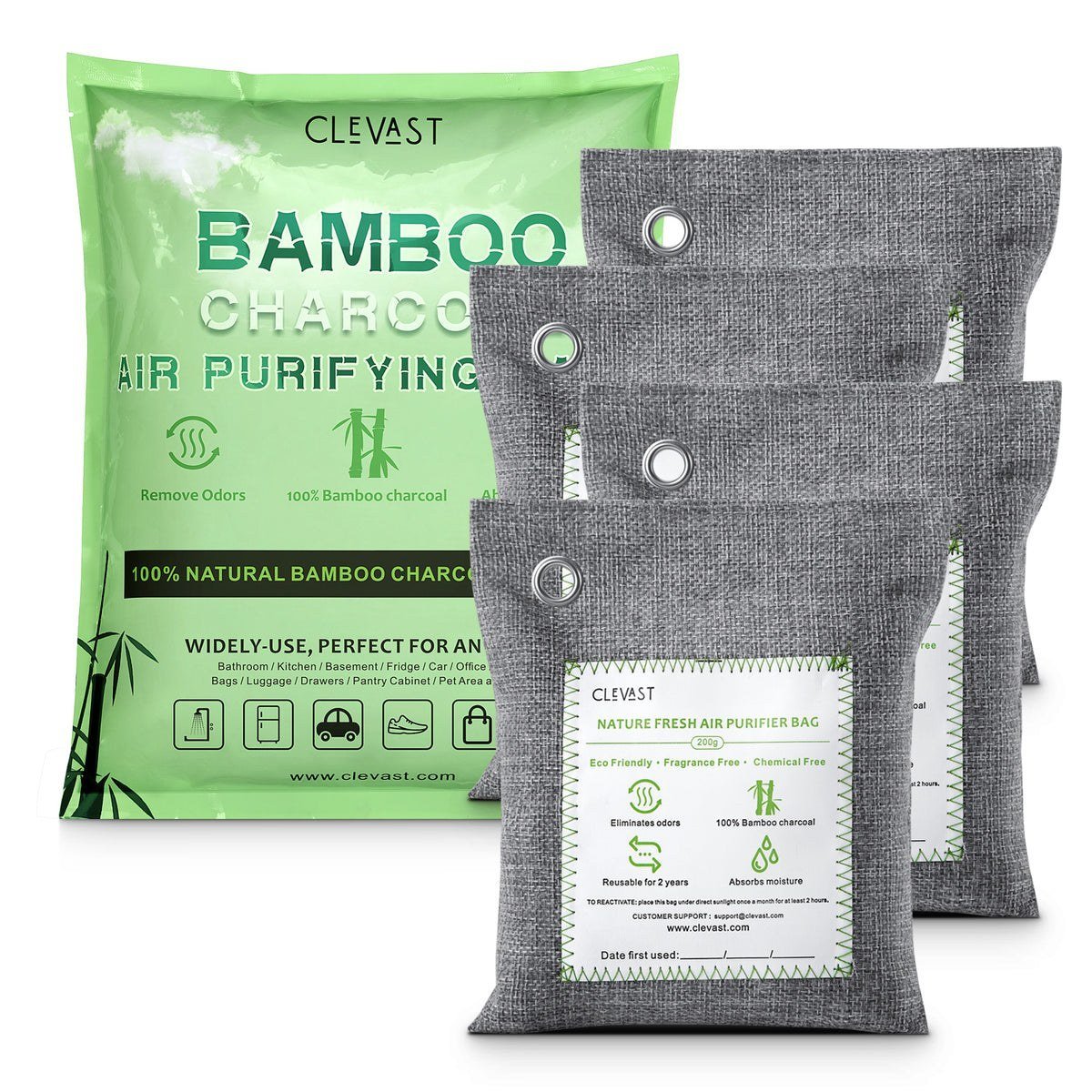 CLEVAST Bamboo Charcoal Air Purifying Bags 4x200g, product photo 3 of 3