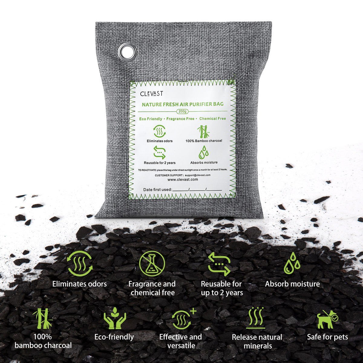 CLEVAST Bamboo Charcoal Air Purifying Bags 4x200g, product photo 2 of 3