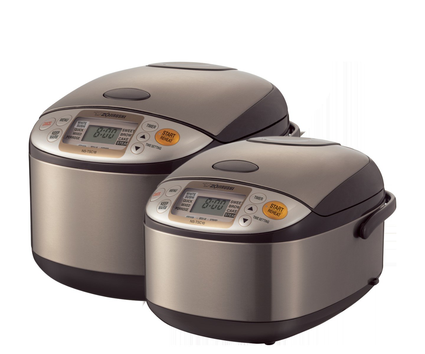Zojirushi NS-TSC10 Micom rice cooker in the foreground with NS-TSC18 behind, group view