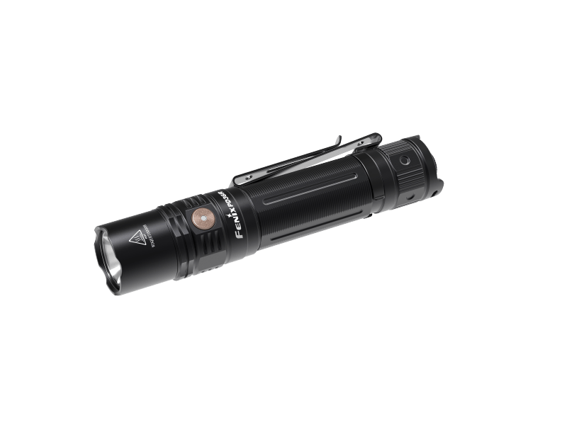 Fenix PD36R original flashlight, black body with gold side switch and pocket clip, manufacturer product photo