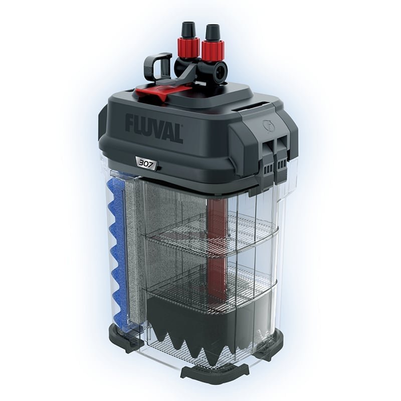 Fluval 307 Performance Canister Filter (07 Series, A446), cutaway view showing the media baskets, product photo 2 of 3