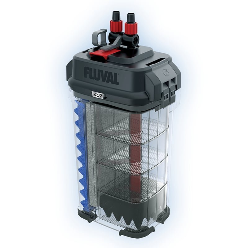 Fluval 407 Performance Canister Filter (07 Series, A449), cutaway view showing the media baskets, product photo 2 of 3